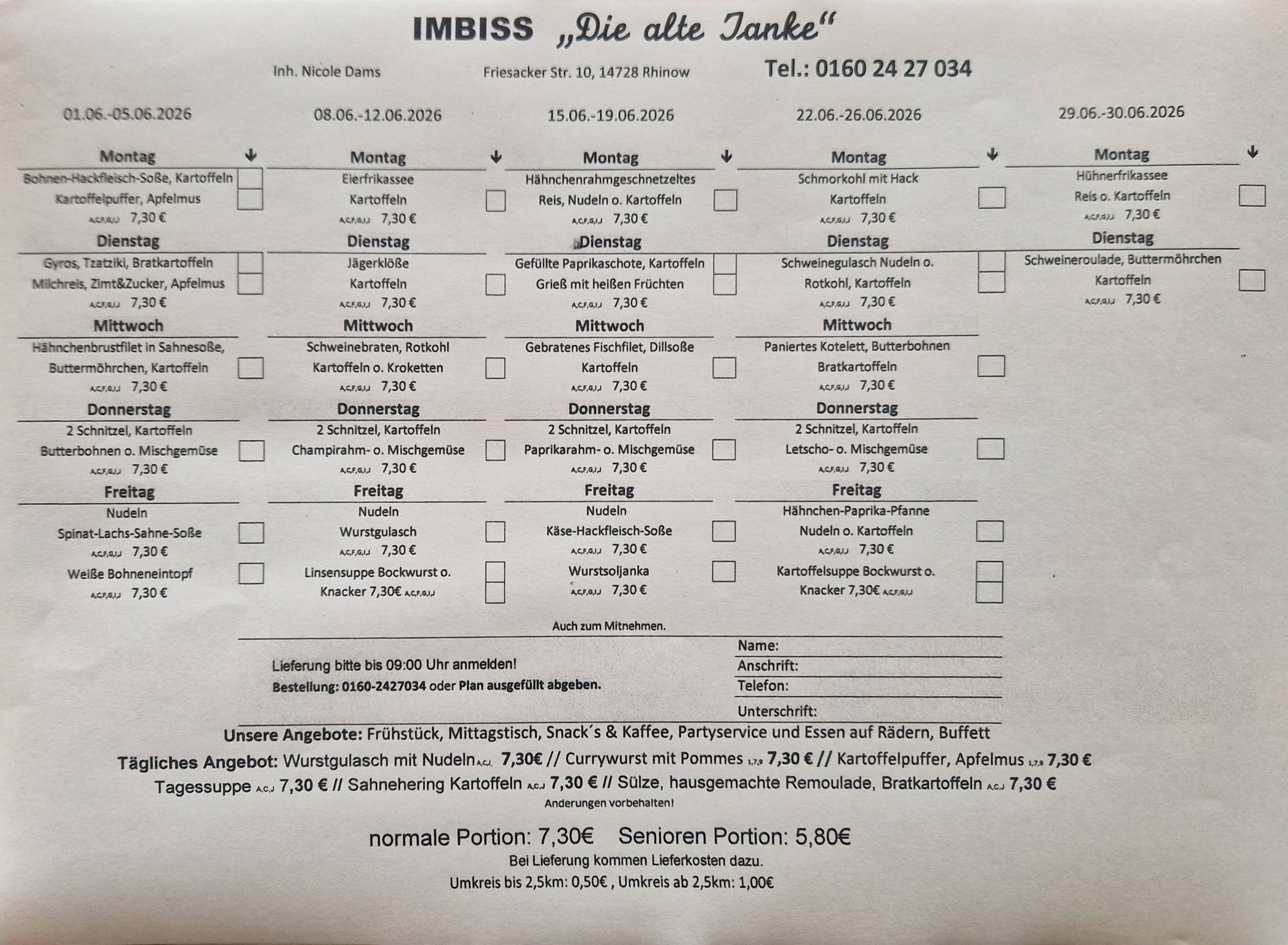 Speisekarte Imbiss "Die alte Tanke"