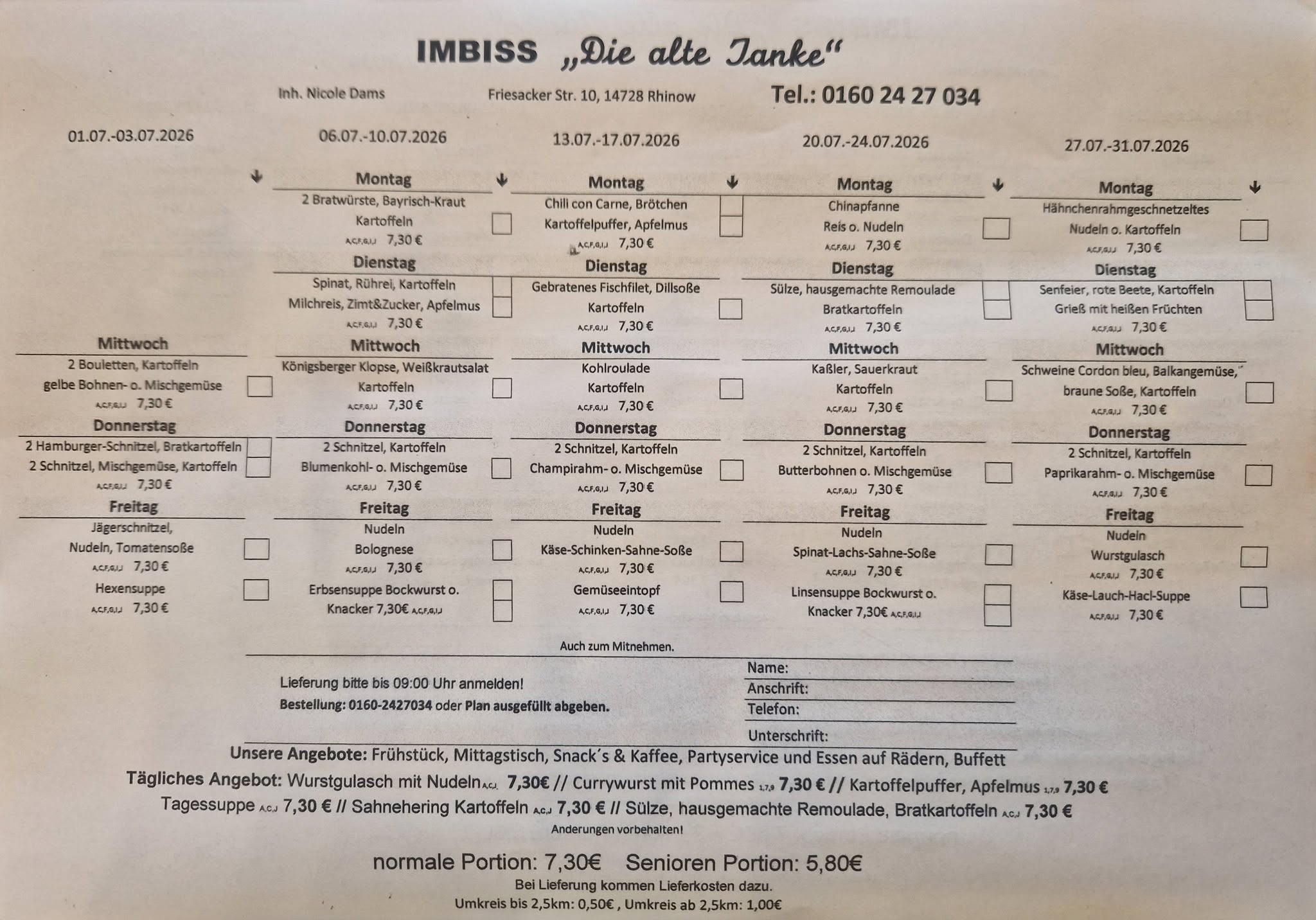 Speisekarte Imbiss "Die alte Tanke"