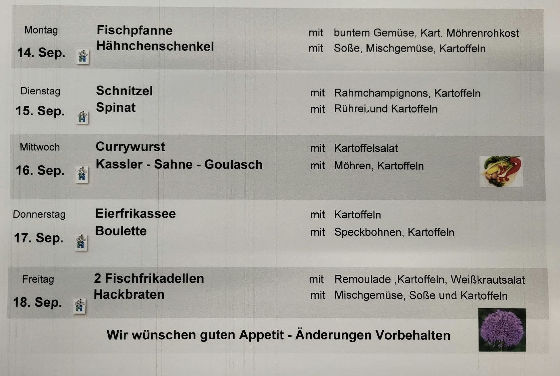 Speisekarte Cafeteria am Fontanepark